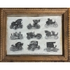 Image 1 : Framed antique print illustrating various early 20th-century motor vehicles, styled like a page from