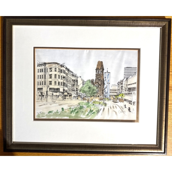  framed watercolor painting of the Kaiser Wilhelm Memorial Church located on Breitscheidplatz in Ber