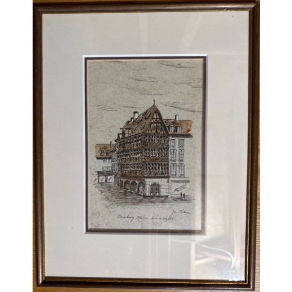 framed vintage print depicting the Maison Kammerzell in Strasbourg, France, a historic building cons