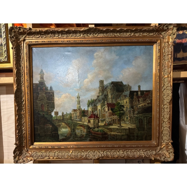  antique impressionist oil painting featuring a European city scene, signed by an artist named "Fran