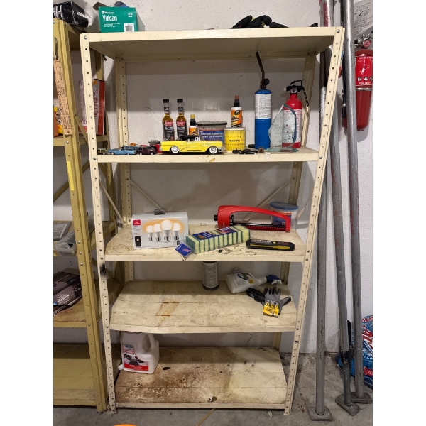 Metal shelving unit 35.5in wide and 67in tall with vintage Hot Wheels toys and miscellaneous items s
