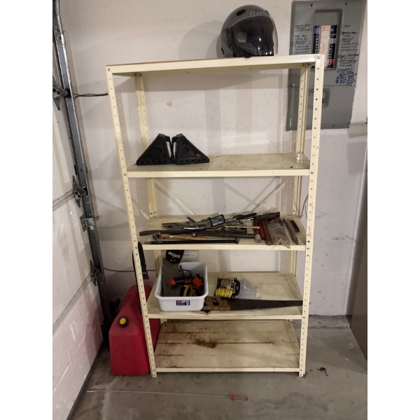 Steel metal rack, 36in wide by 67in tall. Includes HJC helmet on top. All other items on shelf not i