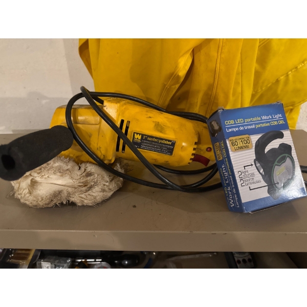 Seven inch sanding polisher, two speed, and COB LED portable work light. 60 lumen side LED and 100 l