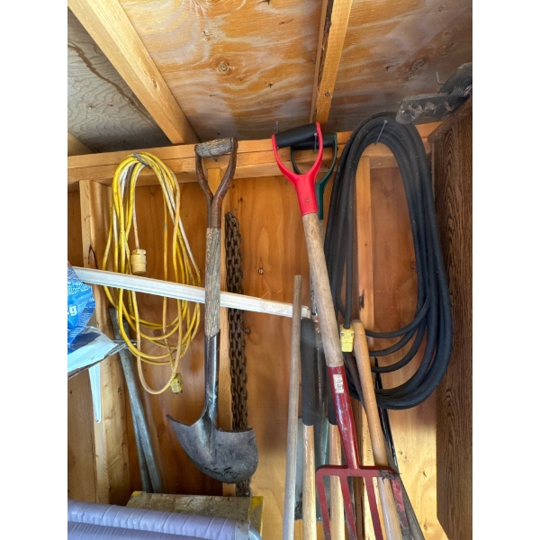 Heavy duty extension cord, shovels, post hole diggers, yellow extension cord and chains, all include