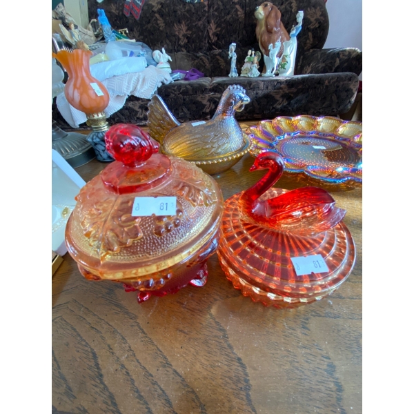  This is a vintage Jeanette Amberina glass, swan covered powder or trinket dish and candy dish and v