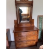Image 11 : Oak dresser featuring three drawers with brass handles, decorative leaf carving, and attached vertic