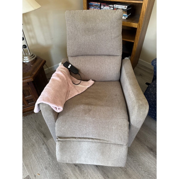 Power reclining chair with remote, in working condition, grey/beige with some stains