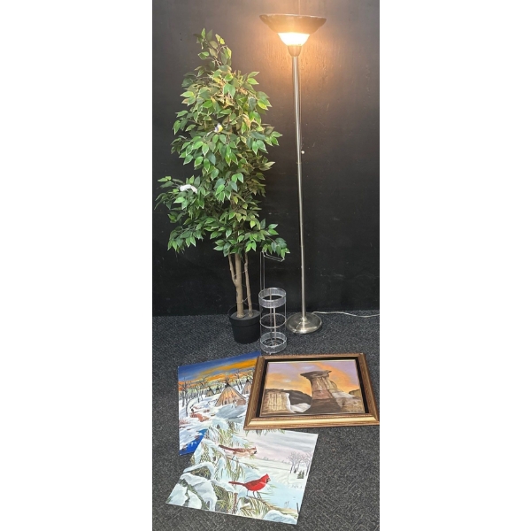 Home Decor Bundle To Light Up You Life  Wall Art, Tall Metal Lamp, Artificial Tree +++ Bonus Toilet 
