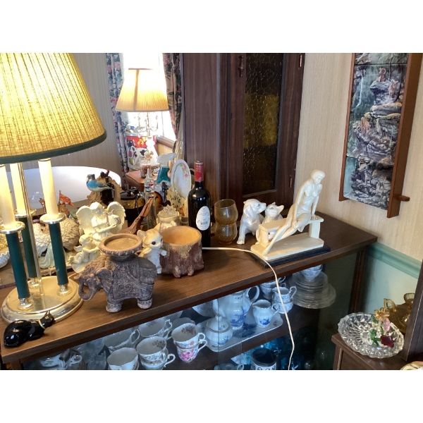 Cat figurine, elephant candle holder, angel cat, tree trunk, wine holder, cups, dog and cat, lady on