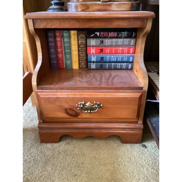 This is a vintage solid wood nightstand, possibly a Mid-Century Modern Roxton or Sprague & Carleton 