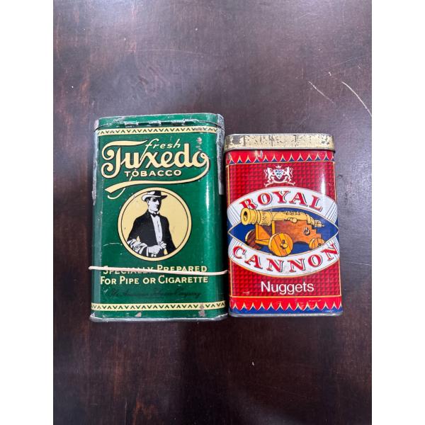  Two vintage collectible tobacco tins, Royal Cannon Nuggets and Fresh Tuxedo Tobacco, which were spe