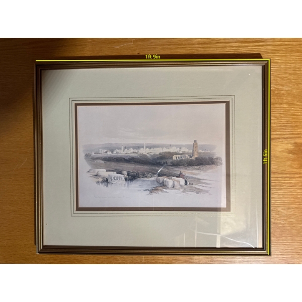 framed lithograph print titled "Ramla, ancient Arimathea," created by Louis Haghe after a drawing by