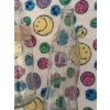 Image 6 : White wicker baby bassinet with folding legs, lace trim, fitted colorful smiley face fabric, and thr