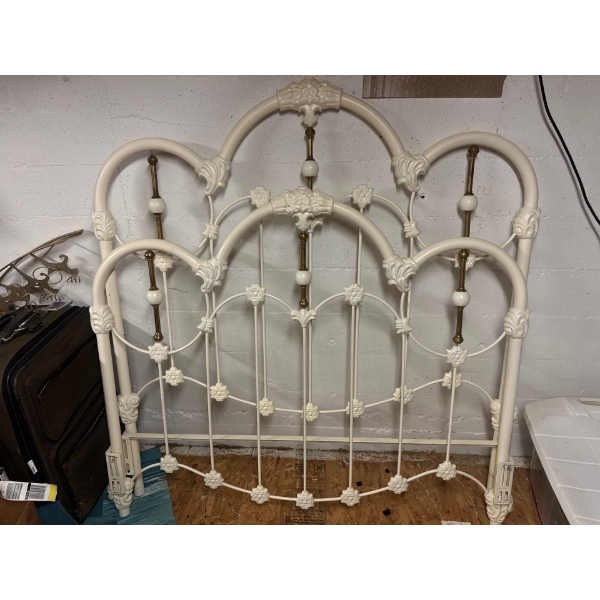  white enameled iron and brass bed headboard, similar to vintage designs by Elliott's Design. 