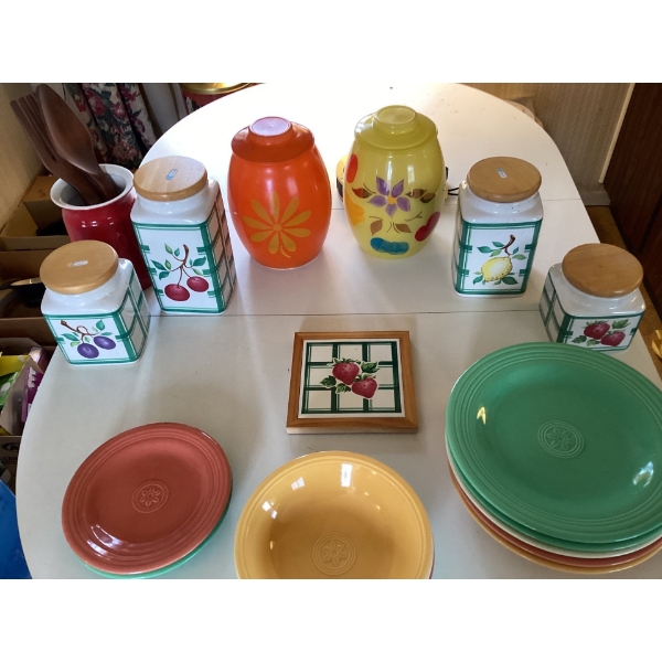 This is a collection of Fiestaware dinnerware.  The colorful and bold shapes and palettes of Fiestaw
