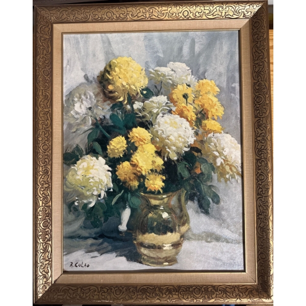  vintage floral still life print on canvas featuring yellow and white chrysanthemums in a vase, sign