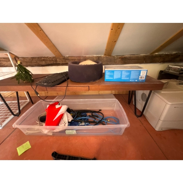 Small TV stand or bench with drawer 59in long by 16in tall and Tupperware container with two gun hol