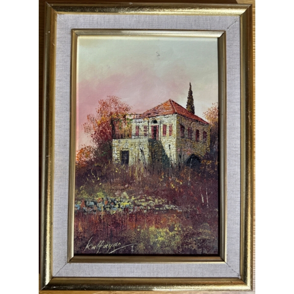  original oil painting of a traditional Lebanese house, likely titled "Lebanese Traditional House" b