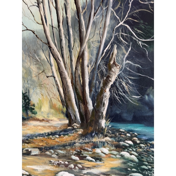 Oil on canvas landscape painting by Dolly Sellars, depicting a forest scene with a rocky stream and 