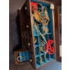 Image 3 : Wooden jewelry box with blue felt lining and divided compartments, containing assorted costume jewel