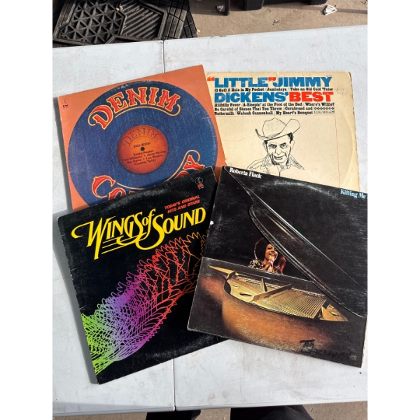 Four vintage records - Denim Country, Little Jimmy Dickens Best, Wings of Sound, and Roberta Flack
