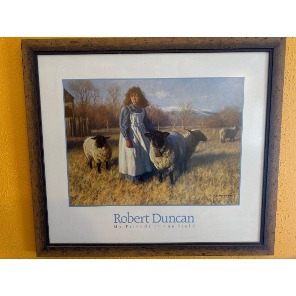 Robert Duncan "My Friends in the Field" print in a dark wood frame