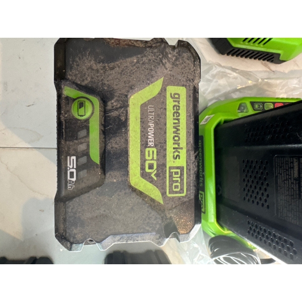 Greenworks Pro 60V 5.0 Ah Lithium-Ion Battery (Model: 2947102 or similar). 
Voltage/Capacity: It is 