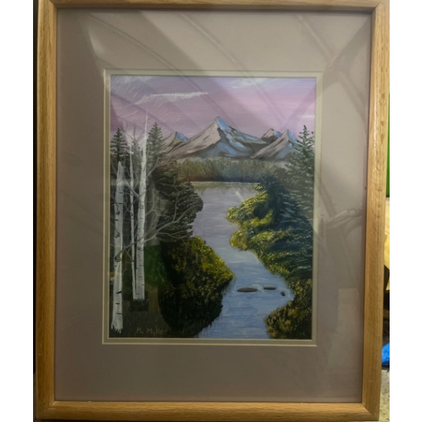 Original Landscape Oil Painting Signed "Stephanie" Framed Light Wood 16"x20"tall