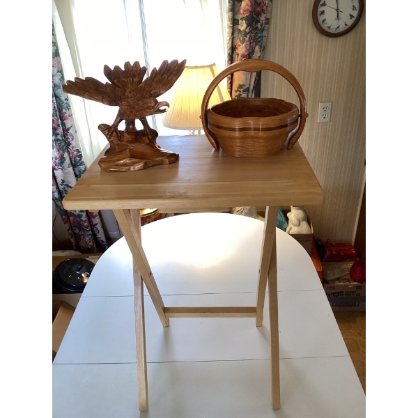 wooden eagle carved, collapsible wooden bowl, and wood serving tray.