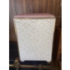 Image 5 : This is a vintage pink vinyl laundry hamper or clothes basket with a decorative starburst design. It