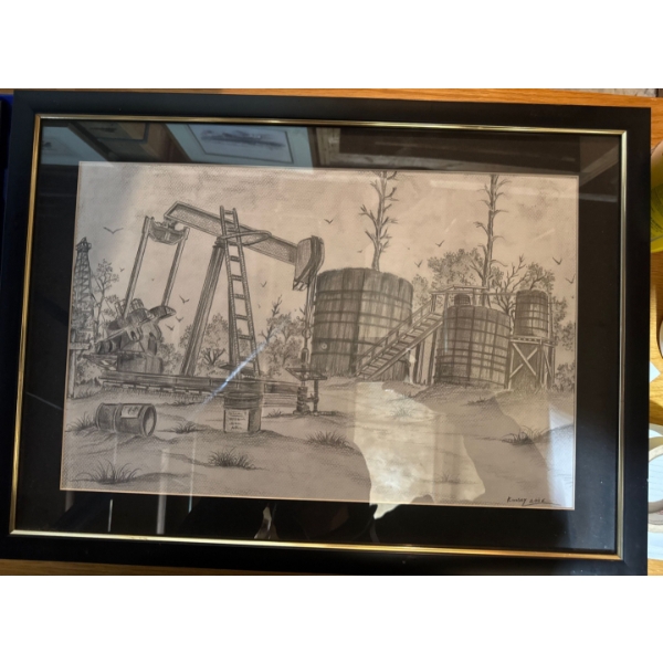 limited edition pencil sketch of an oilfield pumpjack by artist Floyd B. Stubbs, titled "Pump Jack &