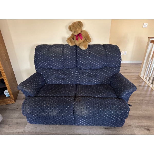 Navy blue patterned love seat recliner, 62in wide and 62in tall and 36in deep