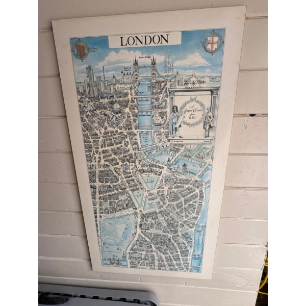 A "Prospect of London From the West" poster, a reproduction of a 1938 Map of London. Stiff board mat