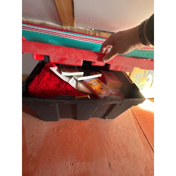 Large Rubbermaid container full of books and linens plus colorful mats included