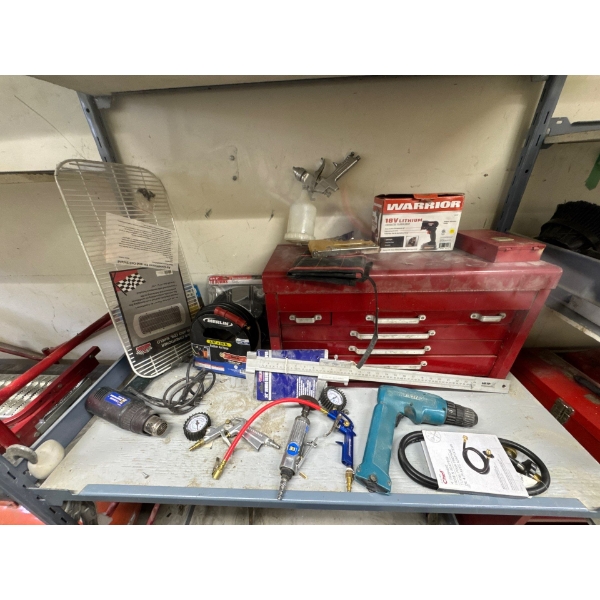 Red toolbox with tool belt Bosch stapler, spray paint air gun, 18 volt lithium cordless flashlight. 