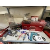 Image 1 : Red toolbox with tool belt Bosch stapler, spray paint air gun, 18 volt lithium cordless flashlight. 