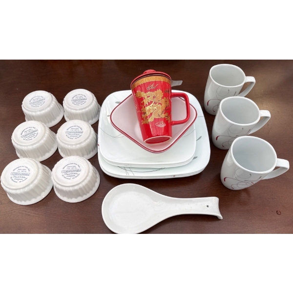 Corelle Porcelain Plates, Mugs, & Corningware Side Dishes & Asian Tea Cup