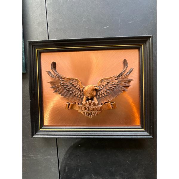 Copper Harley Davidson painting. Fifteen and three quarters long by twelve and three quarters wide.
