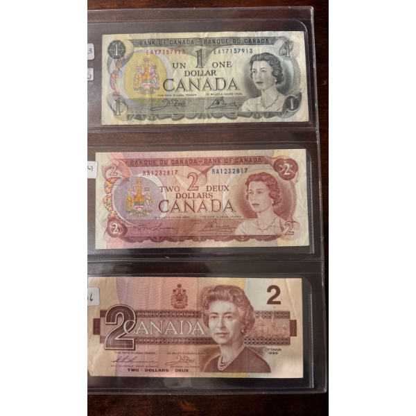 vintage Canadian banknotes. 1973 1$1974 2$1986
 
