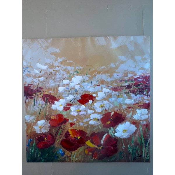 A canvas painting of poppies and white flowers, it is 39in wide and 39in tall