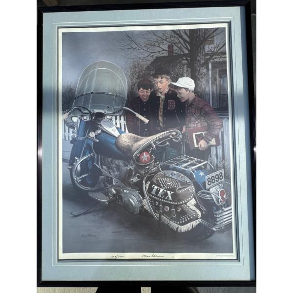 Harley painting by s t e v a n d o h a n o s number 1583/2500. Framed painting. 28 inches wide b