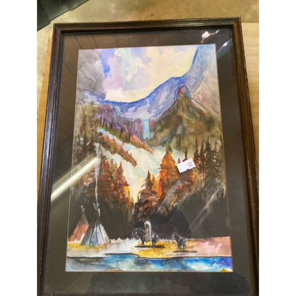 Small Table Native American painting, Native American head figurine, sheep plaque, cat clock into an