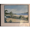 Image 3 :  framed and matted watercolor painting featuring a coastal scene with a garden path, stone wall, and