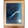 Image 3 : Framed print depicting a group of orca whales swimming underwater. The print uses blue tones and inc