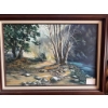 Image 7 : Oil on canvas landscape painting by Dolly Sellars, depicting a forest scene with a rocky stream and 