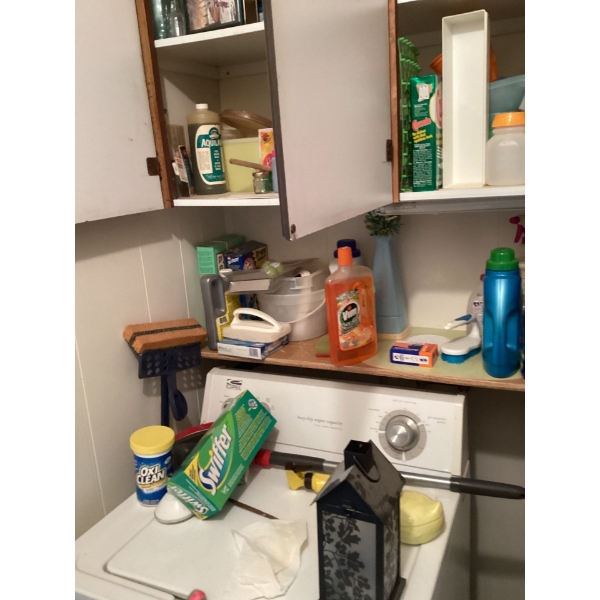  all items on top of washer, all items in cabinets included on two left cabinets.