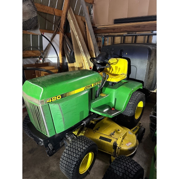 John Deer 420. Very good condition. Well maintained with blade deck and mowing pack on the b
