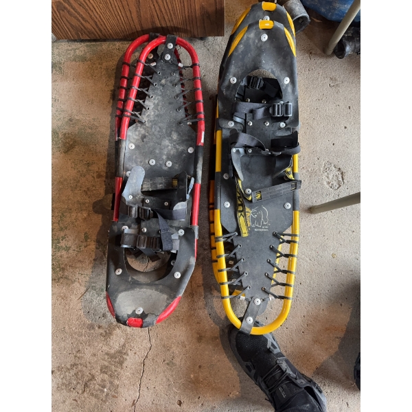 Adult snowshoes. One features a yellow frame with black deck, and the other a red frame with black d