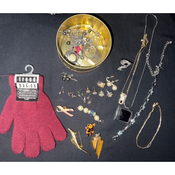 Assorted Fashion Jewelry w/Mini Gloves  Earrings, Necklace, Anklet, Broches