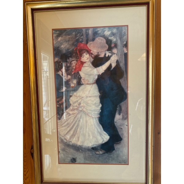 This framed artwork is a reproduction print of "Dance at Bougival" (Le Bal à Bougival), an 1883 oil-